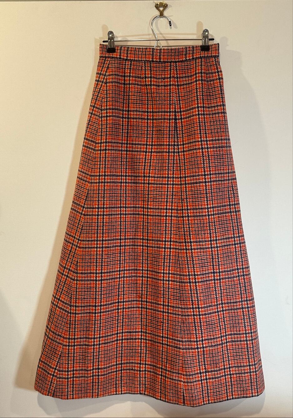 Vintage 60s 70s Red Plaid Wool Maxi Skirt High Rise A-Line Fully Lined 24" W